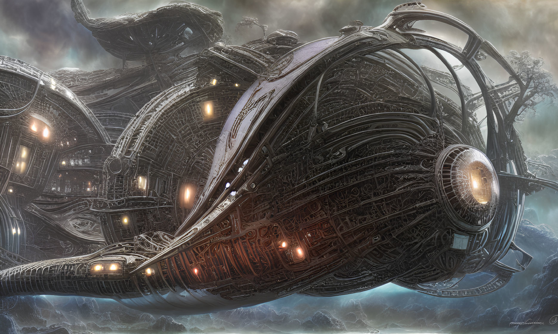 Detailed Futuristic Spaceship with Glowing Lights in Stormy Atmosphere