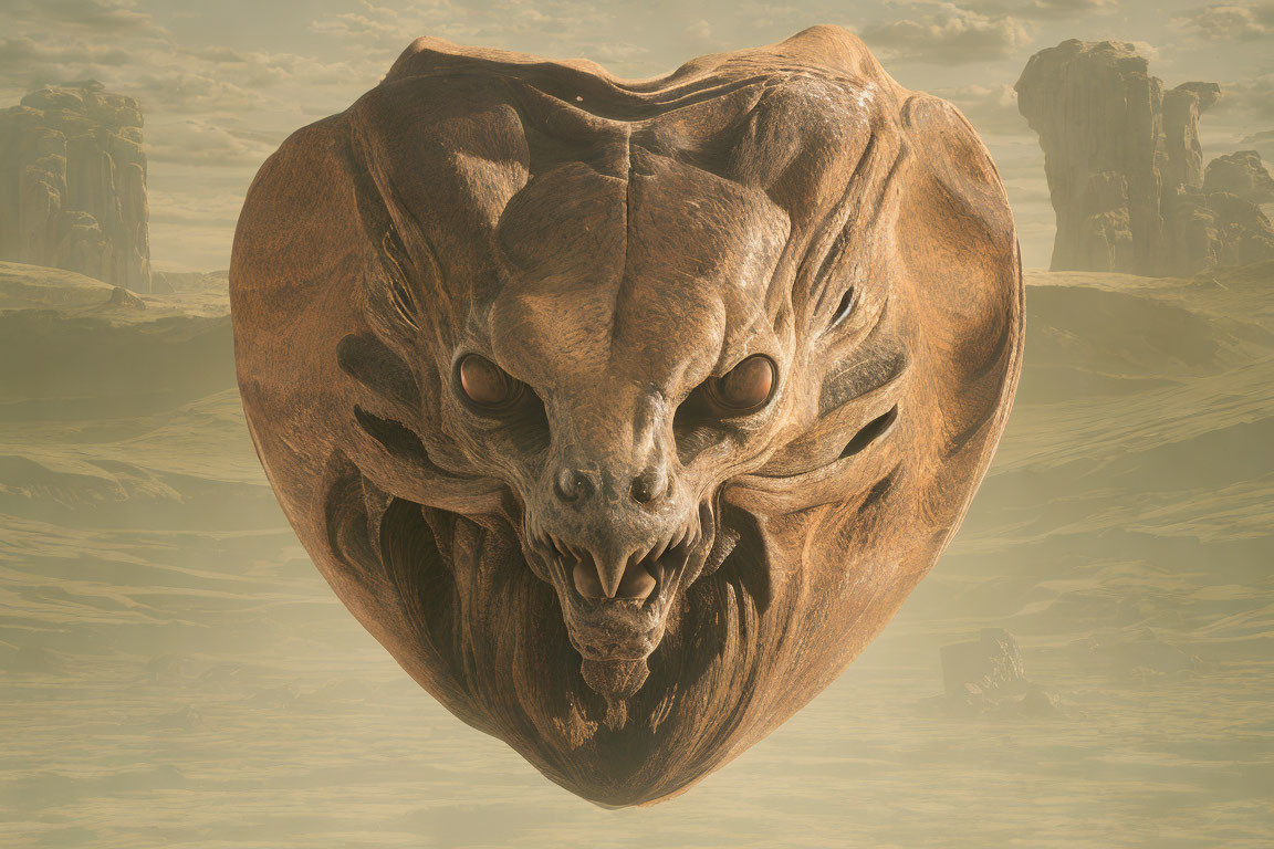 Surreal creature with heart shape and skull-like face