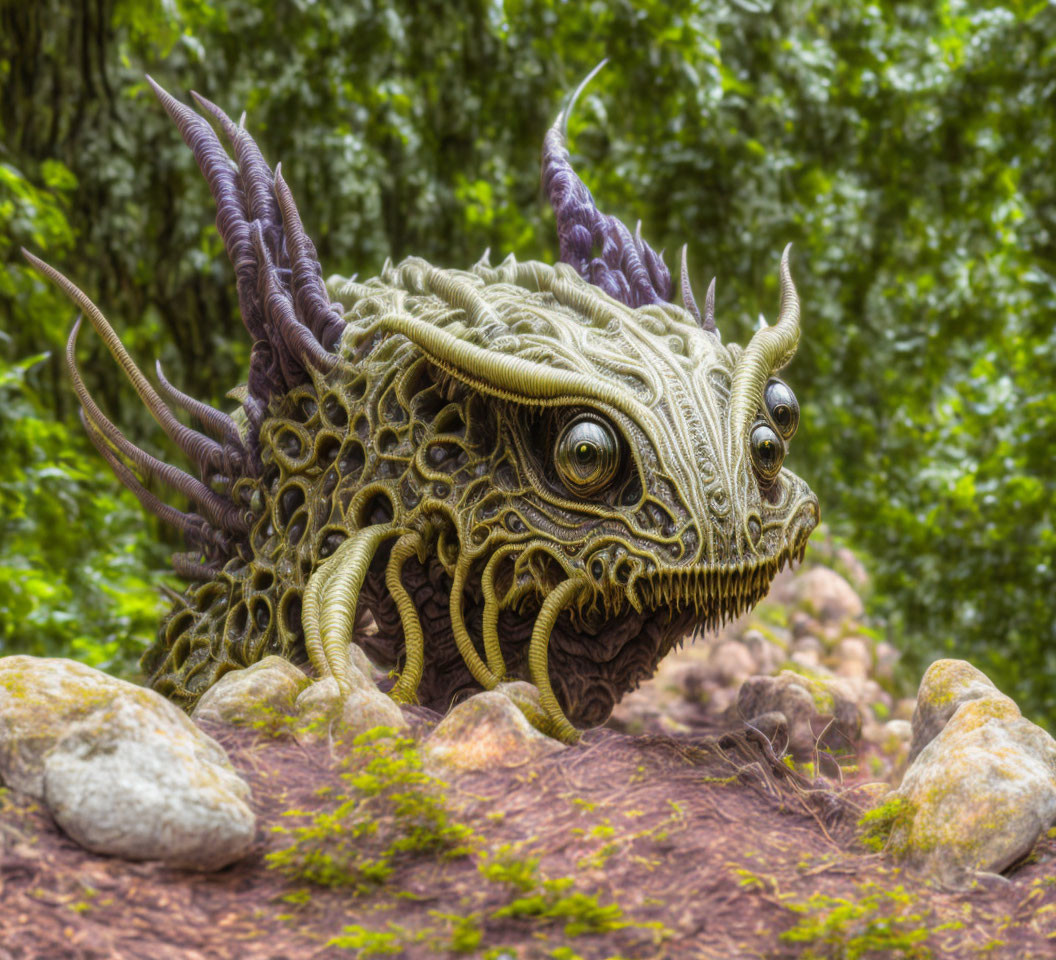 Intricate horned carapace creature in lush greenery