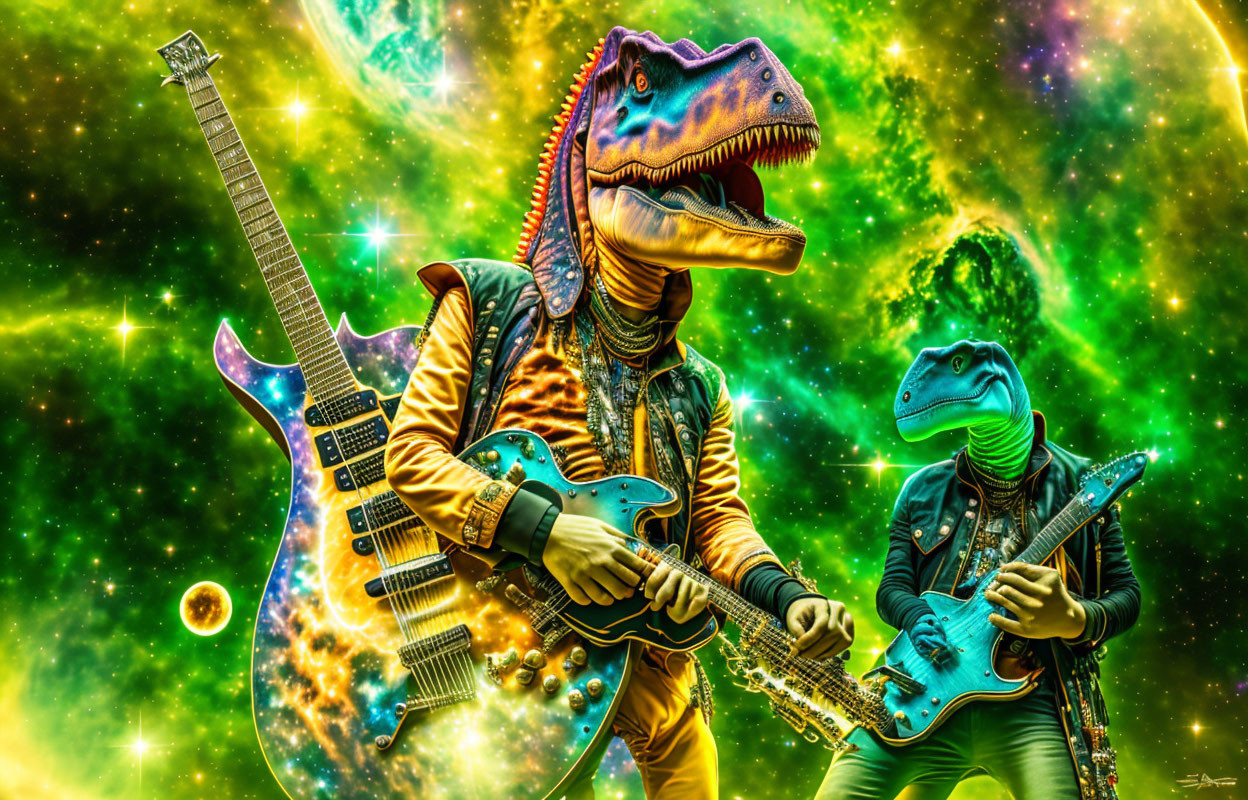 Anthropomorphic dinosaurs playing electric guitars in cosmic scene