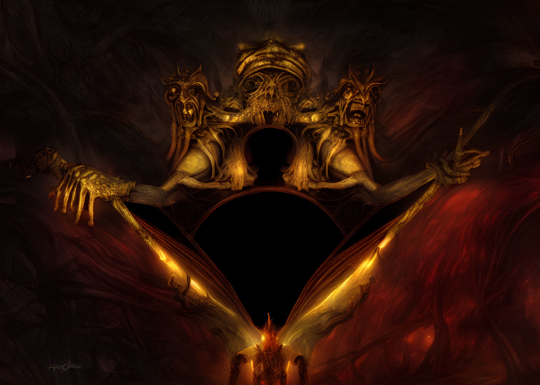 Dark fantasy illustration of a demonic altar with ghostly faces, gold accents, red lighting, and a