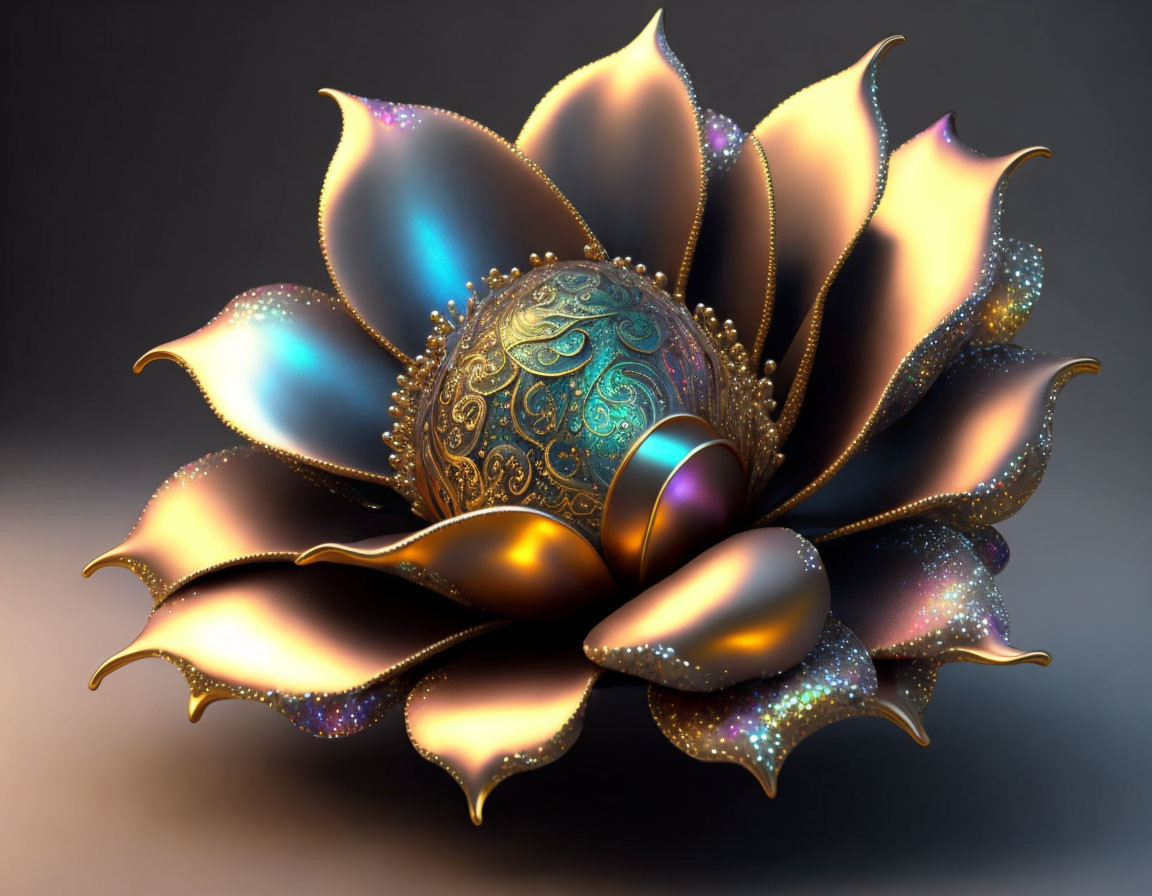 Lotus Flower Sculpture with Metallic Petals and Gems