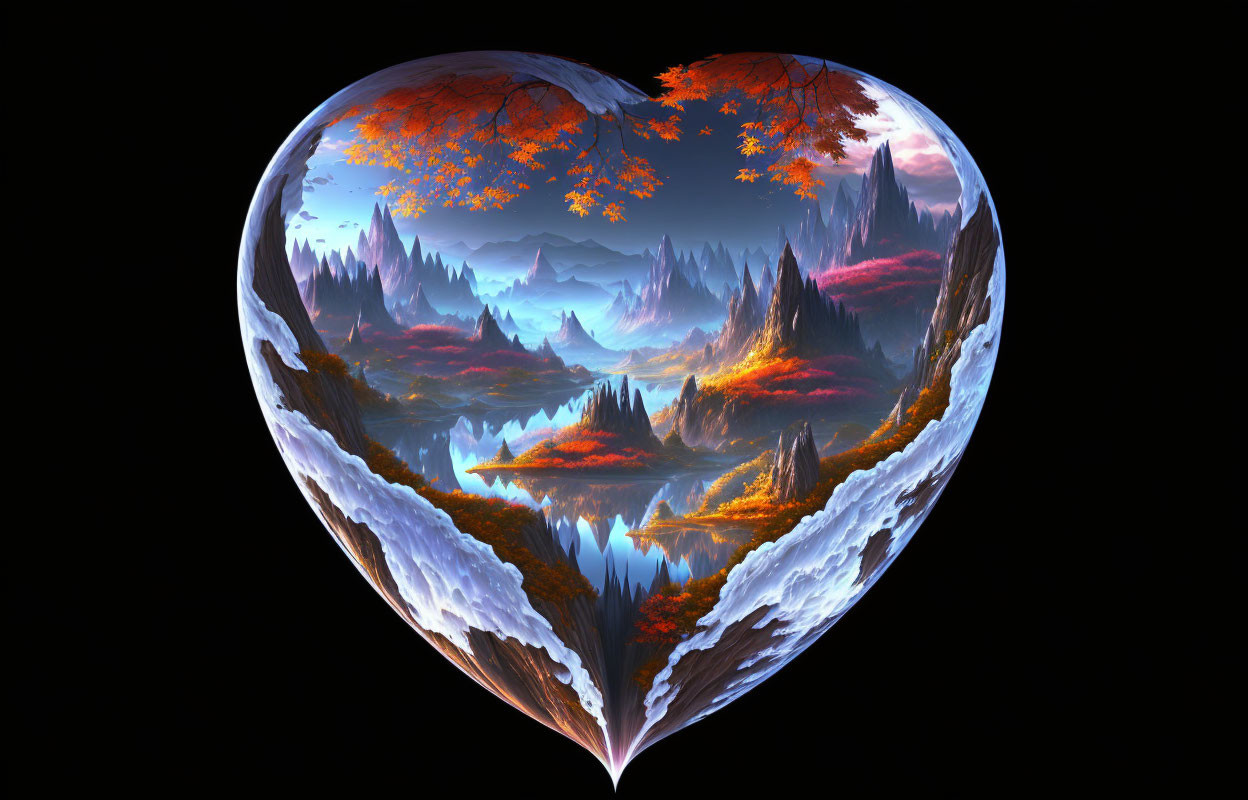 Heart-Shaped Landscape with Autumn Foliage and Mountains