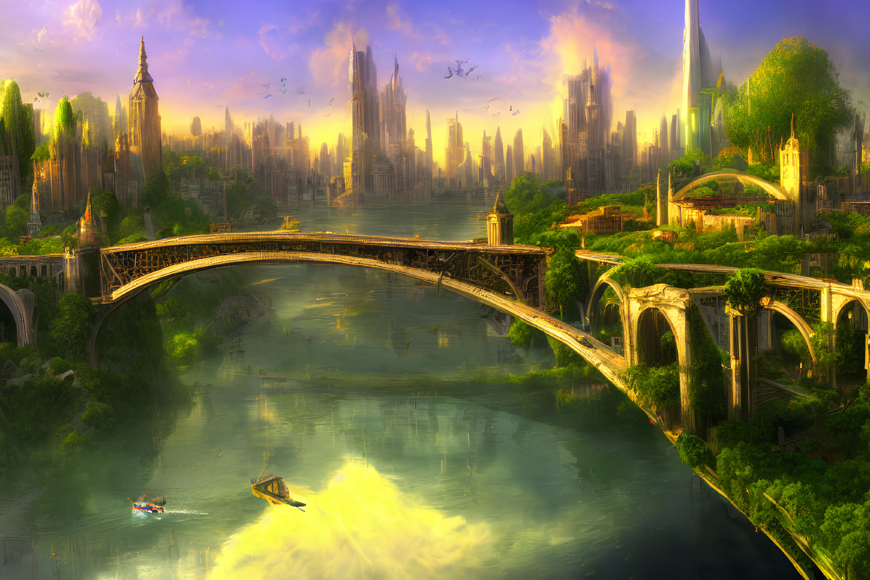 Futuristic cityscape with greenery, stone bridge, flying vehicles, and sleek skyscrapers