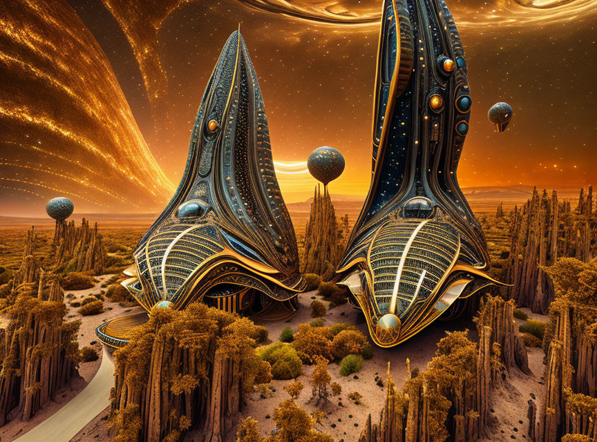 Alien cityscape with spire-like buildings and ringed planets on desert world