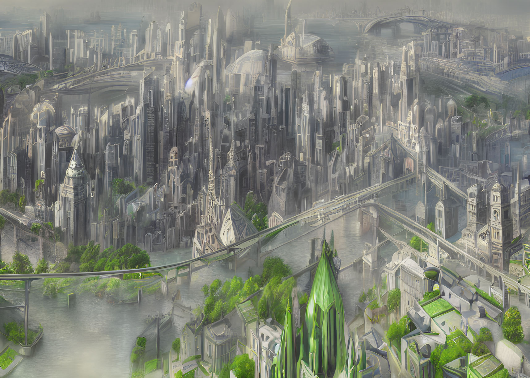 Futuristic cityscape with skyscrapers, bridges, and diverse architecture