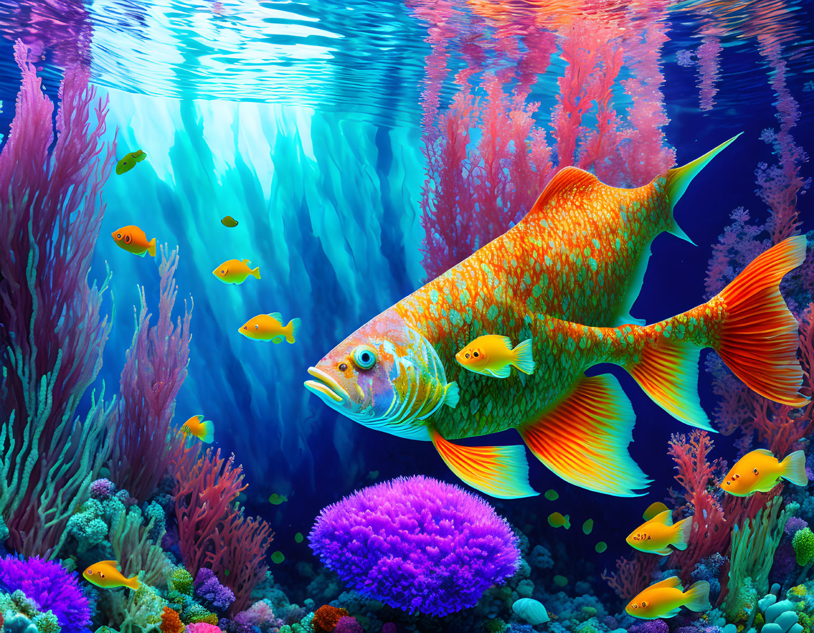 Colorful Underwater Scene with Large Orange Fish and Coral