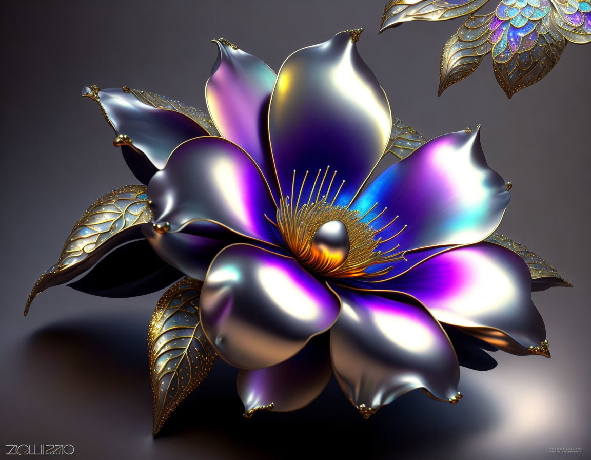 Iridescent 3D Flower Rendering in Purple and Blue