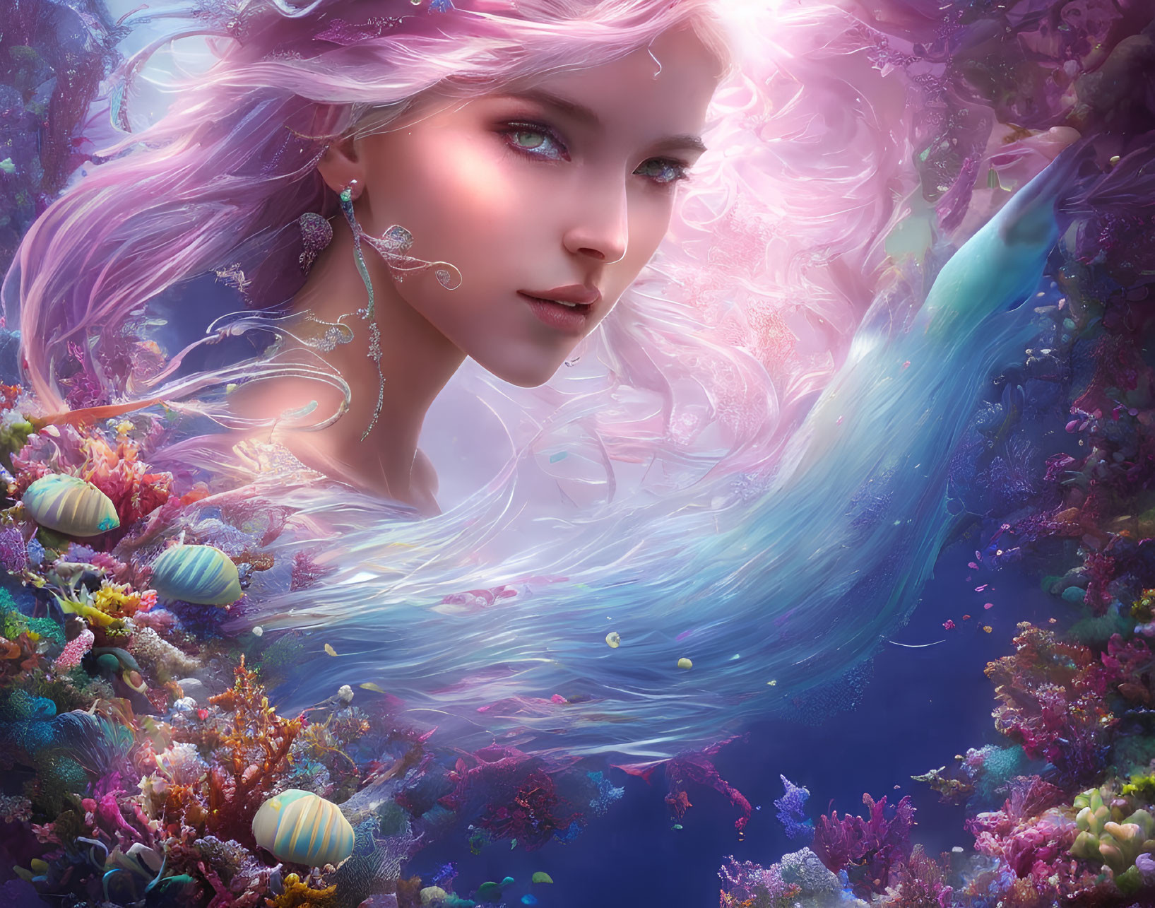 Pink-haired female in underwater scene with corals & fish.