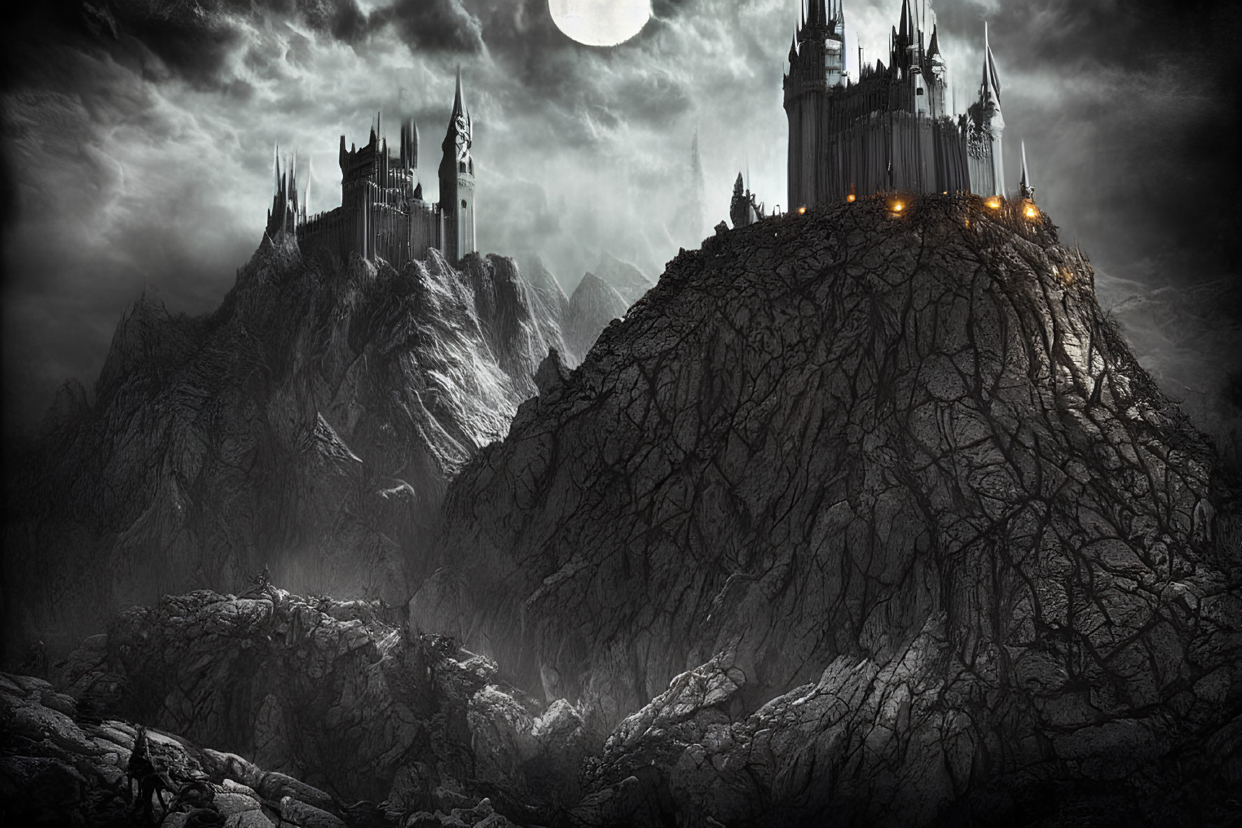 Gothic castle on craggy peak under moonlit sky