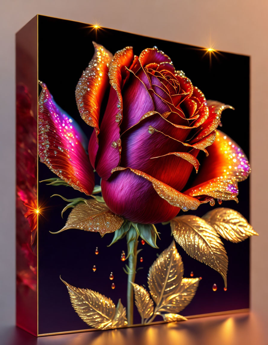 Stylized rose digital artwork with glittering red and purple petals