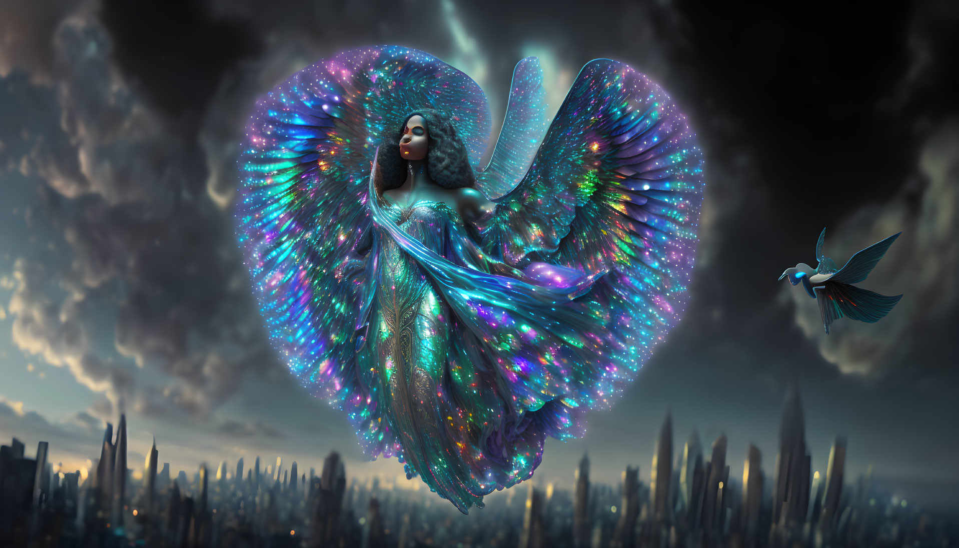 Woman with iridescent angel wings in futuristic cityscape with luminescent bird