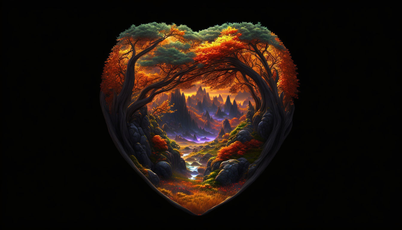 Serene Autumn Landscape with Heart-Shaped Trees