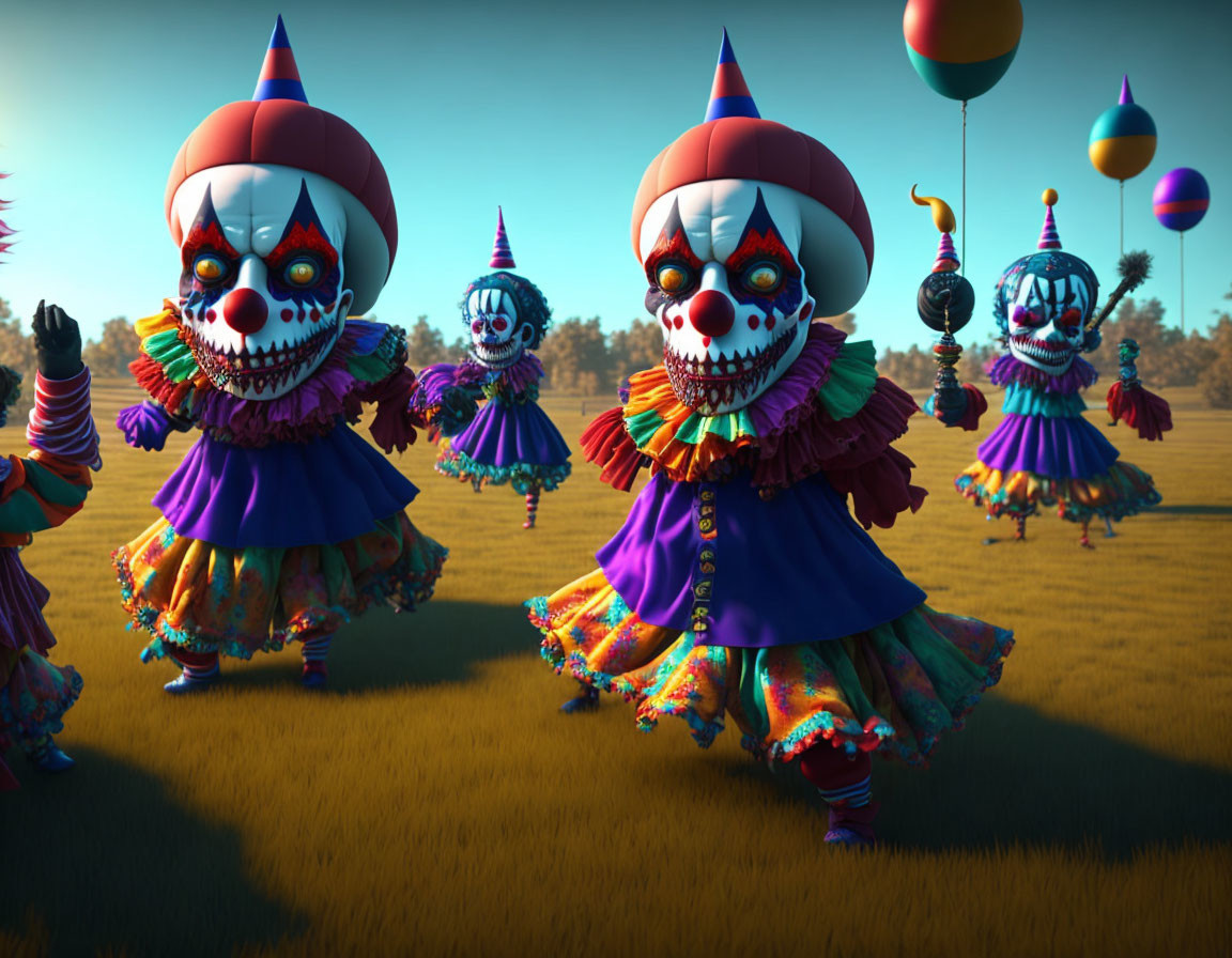 Eerie clowns with skull-like faces in colorful costumes on grassy field