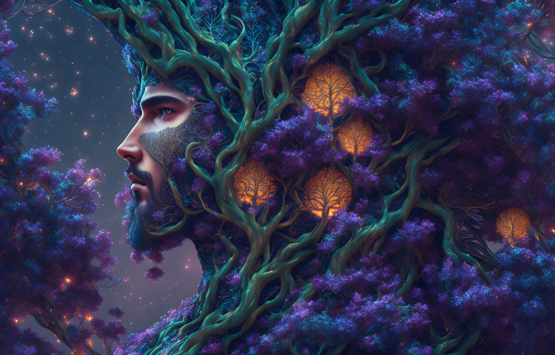 Mystical figure with foliage and glowing trees in stars