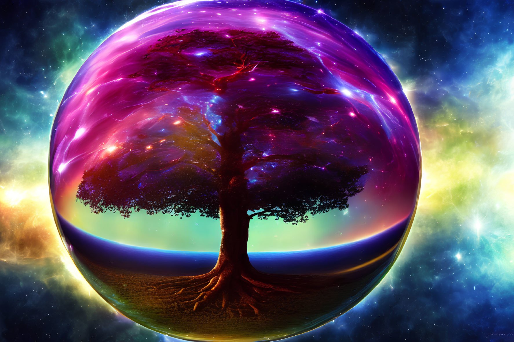 Majestic tree in purple sphere on cosmic starfield