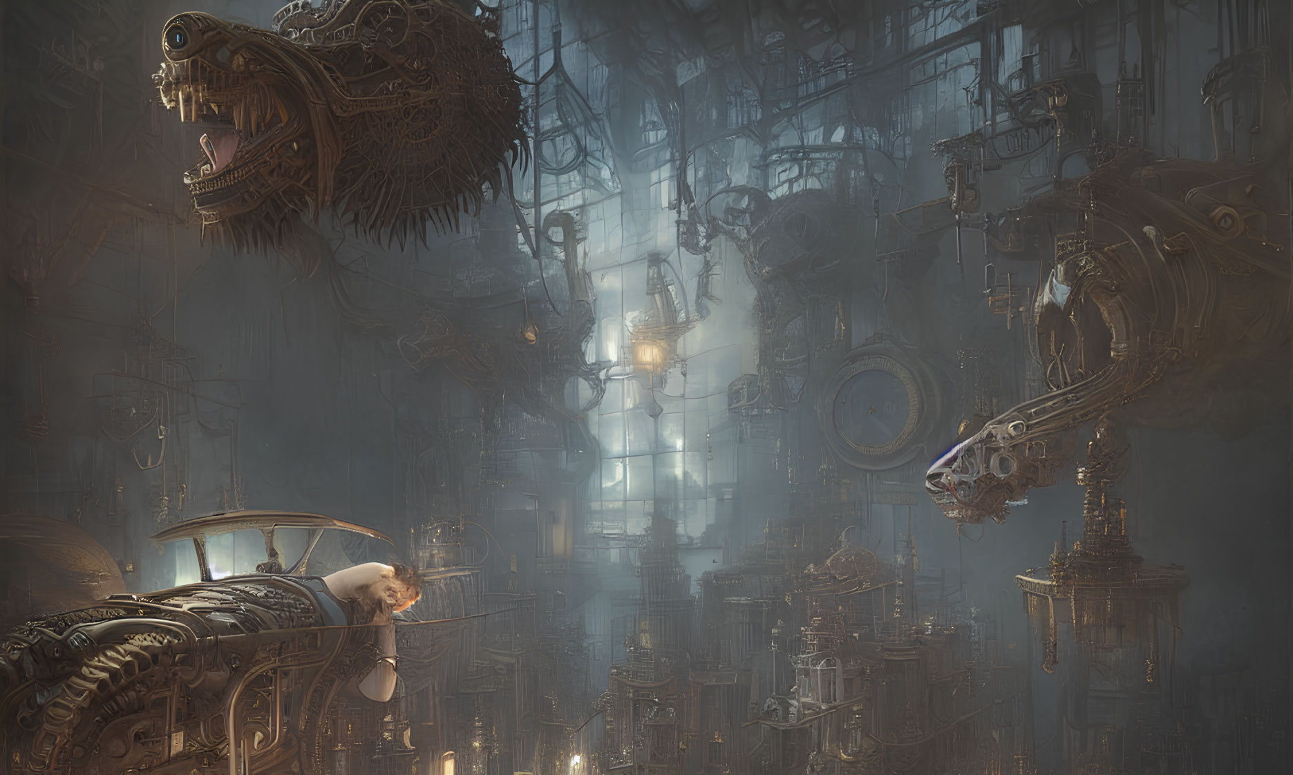 Person resting on mechanical structure in intricate steampunk environment with gears and pipes under soft light in fog