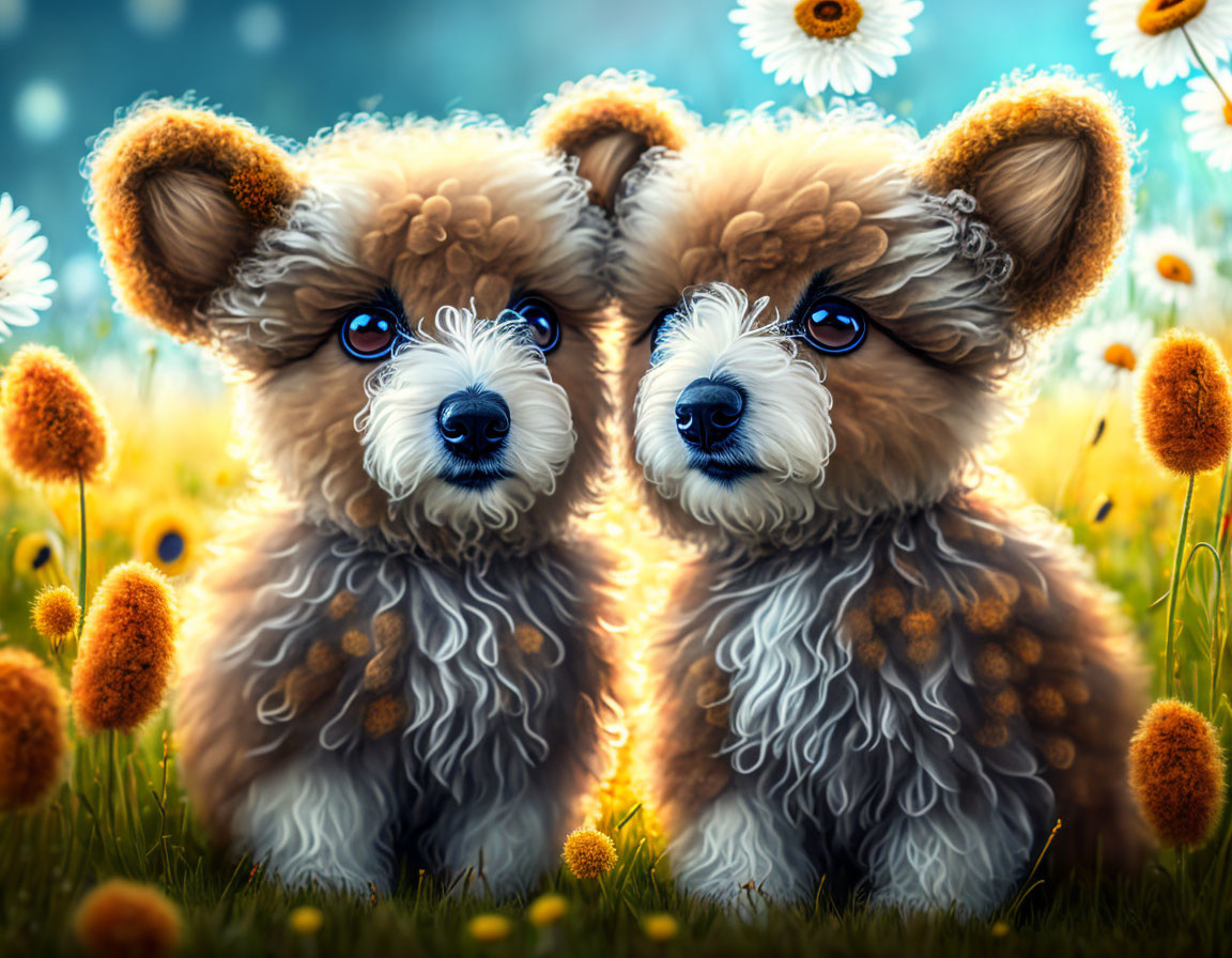 Puppies in a Flower Field with Soft Blue Background