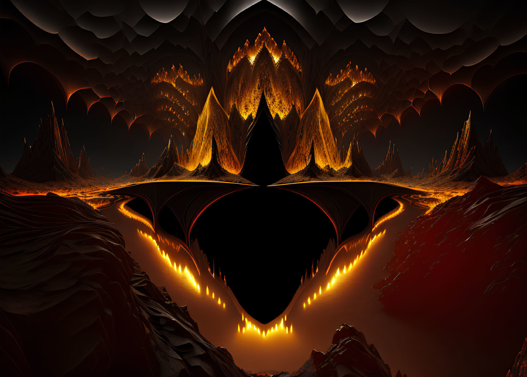 Symmetrical volcanic landscape with glowing lava and fractal patterns