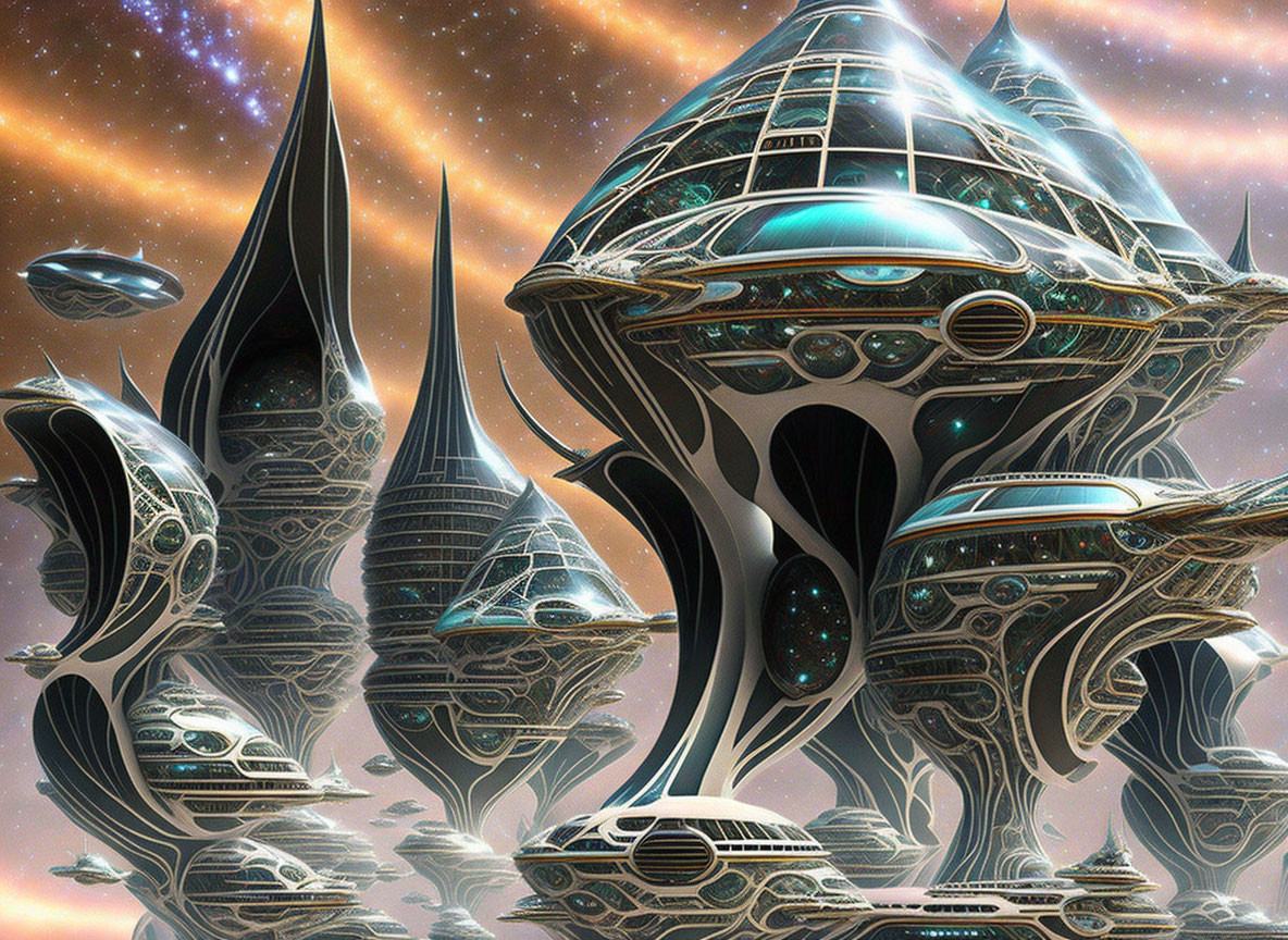 Alien city with towering spires and flying saucers under cosmic sky