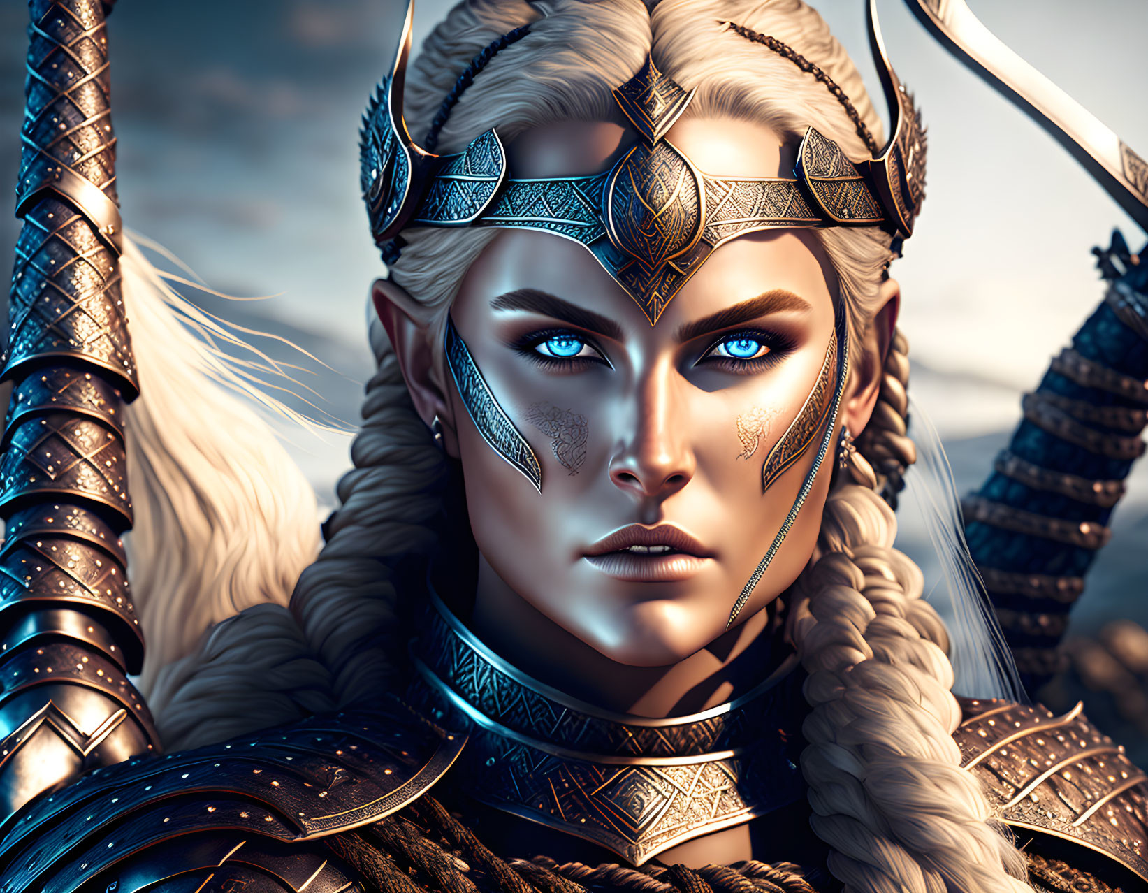 Fierce Warrior Woman in Ornate Armor and Fantasy Setting