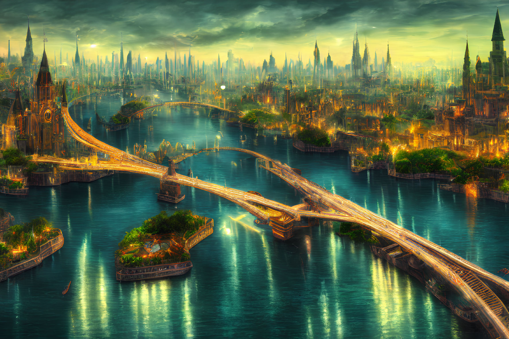 Fantastical cityscape with towering spires and grand bridges over river