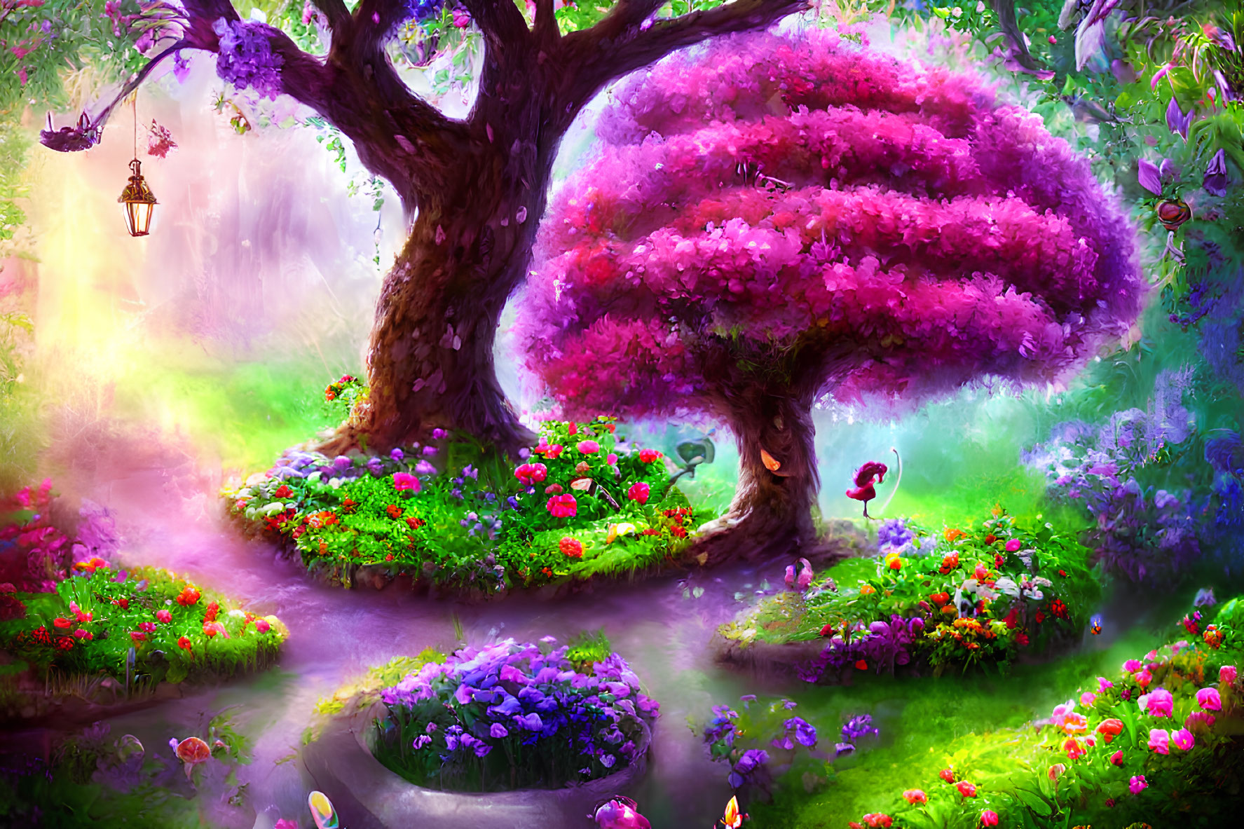 Lush fantasy garden with vibrant trees and colorful flowers