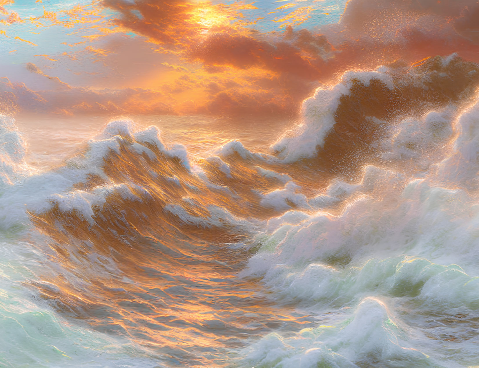 Colorful sunset over turbulent ocean waves with golden light on crests and deep shadows.