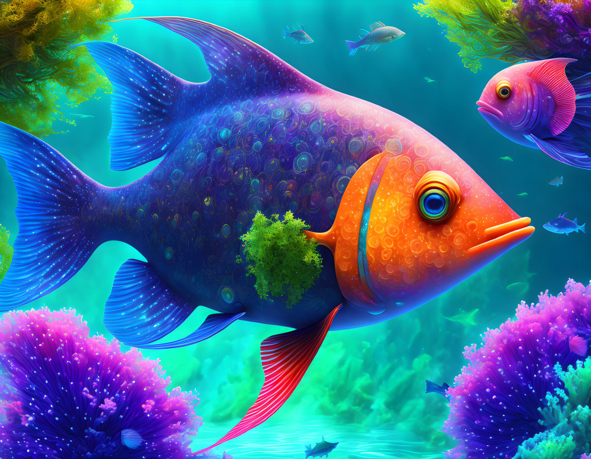 Colorful digital art: Large orange fish in vibrant coral reef