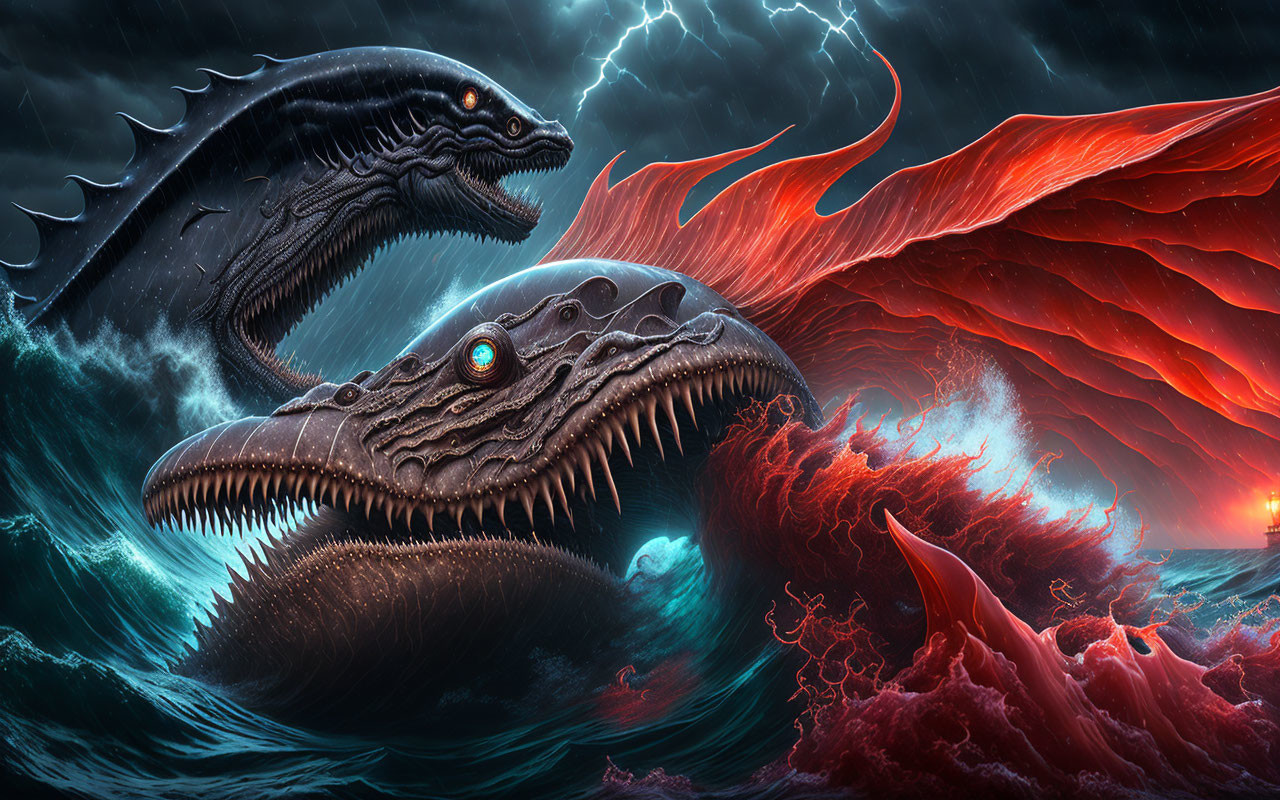 Enormous sea monsters in stormy ocean with lightning and fiery waves