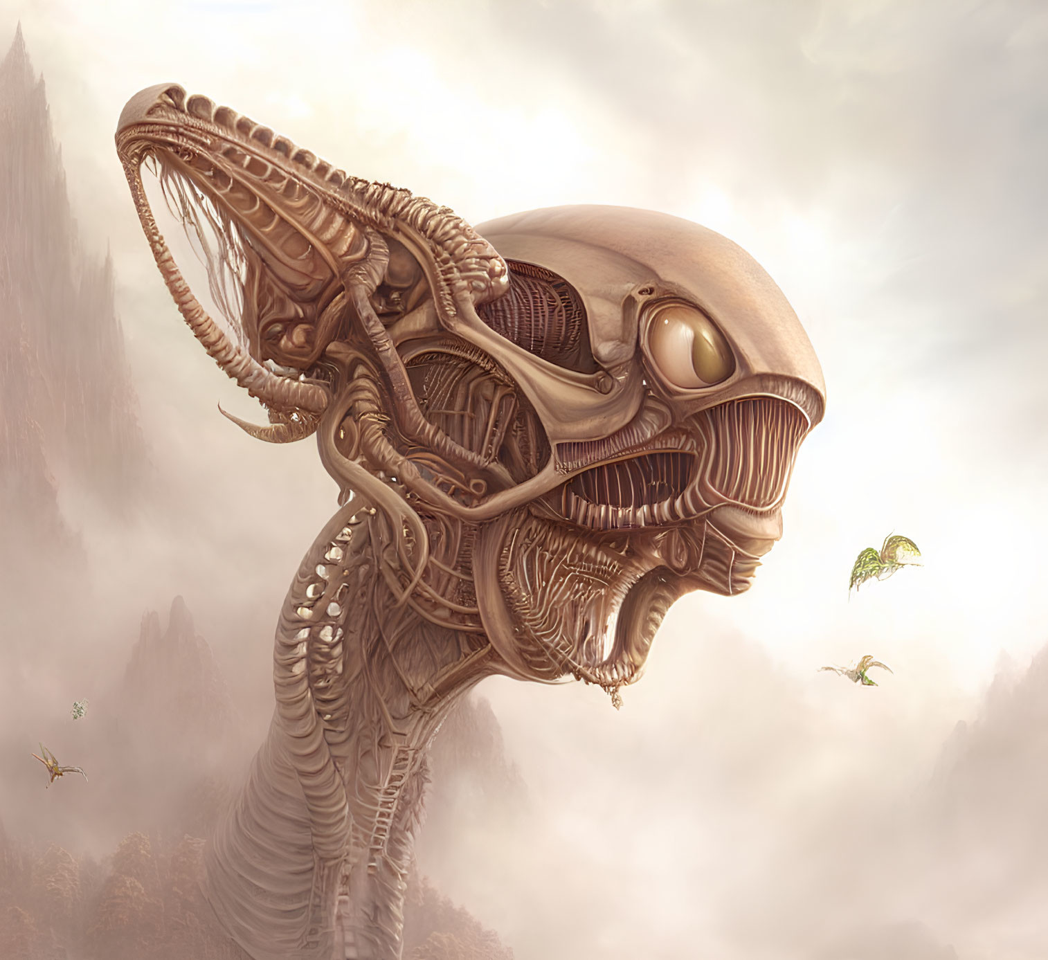 Detailed Alien Xenomorph Head in Biomechanical Landscape with Dragonflies