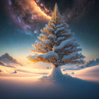 Snowy landscape with prominent pine tree under dramatic night sky