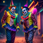 Colorful clowns in vivid costumes and makeup walking at dusk with eerie atmosphere