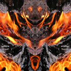 Blue-skinned alien-like figure with intricate headgear and tattoos in fiery background.