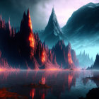 Fantastical landscape with fiery trees, red lake, and blue mountains