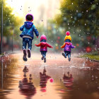 Children in colorful raincoats and boots jumping in puddles on a rainy day