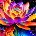 Multicolored lotus flower digital art on dark background with liquid splashes