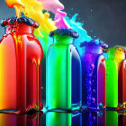 Colorful splashing liquids in vibrant bottles on moody background