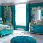 Luxurious Bedroom with Turquoise and Gold Accents