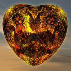 Heart-shaped object with multicolored gemstones under sunset sky