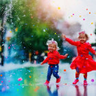 Vibrant street scene: joyful toddlers in red outfits play with colorful bubbles