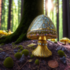 Majestic golden mushroom in a serene forest setting