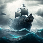 Giant sea monster carries ship through stormy waters