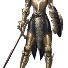 Muscular fantasy warrior in golden armor with spear and white hair