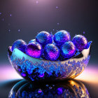 Chrome bowl with purple spheres and viscous liquid pouring over them