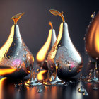 Shiny pear-shaped golden droplets with bubbles on reflective surface