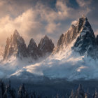 Snow-covered mountain peaks above clouds at sunset with forest foreground.