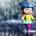 Cheerful toddler with blue umbrella splashes in rain puddles