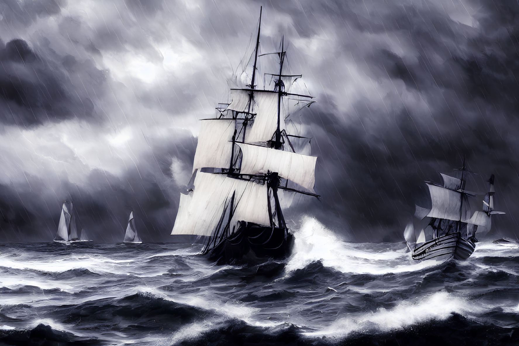 Tall ships with billowing sails on turbulent seas