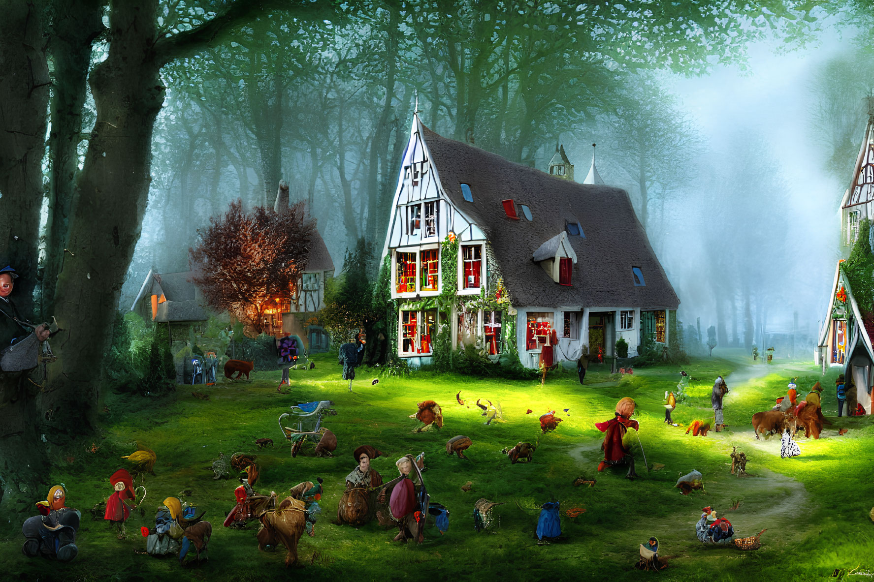 Whimsical village scene with tiny figures, animals, and lush trees